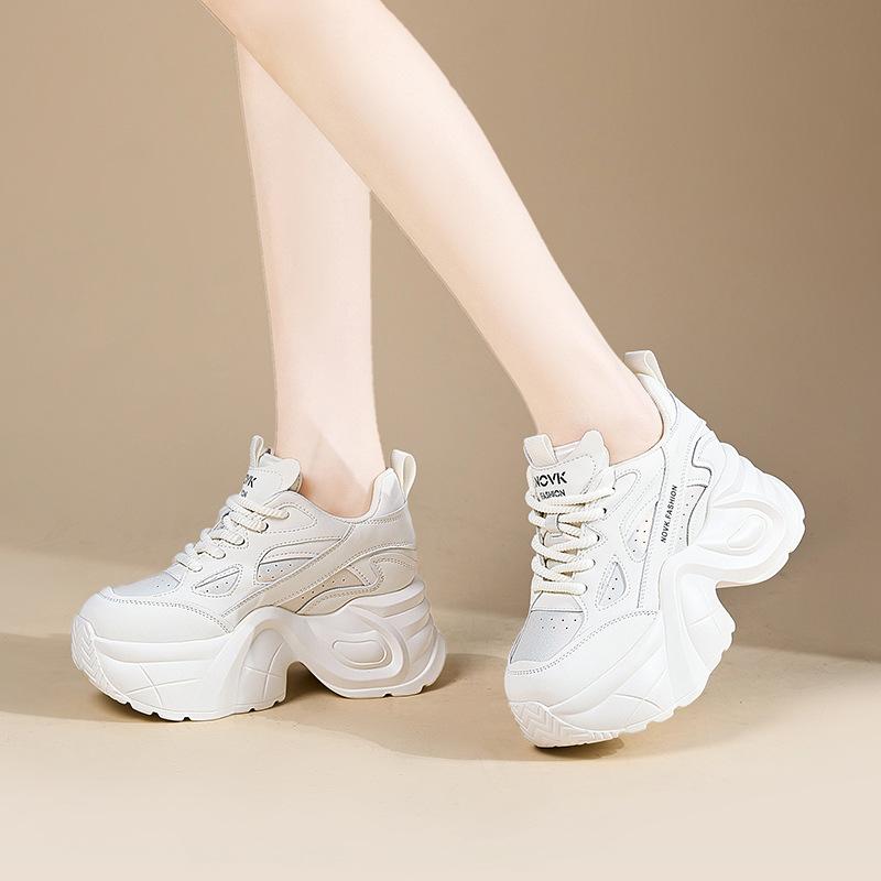 Women's Autumn and Winter Thick-soled Casual Genuine Leather Breathable Sports Shoes with Inner Height Increase Dad Shoes
