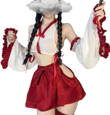 Sexy Shrine Maiden Cosplay Shrine Japanese Kimono New Year Costume Transparent Erotic Temptation Extreme Red Costume Shrine Maiden Clothes [Lady Lazy]