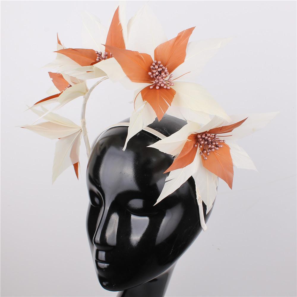 

European And American Style Feather Flower Headdress Retro Exaggerated Top Hat Coffee With Beige Headband