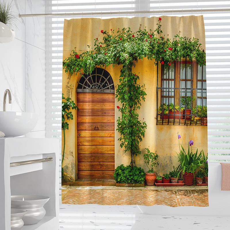 VIKAMA European-Style Garden Landscape Shower Curtain Waterproof Bathroom Partition Curtain for Wet/Dry Separation Home Decor