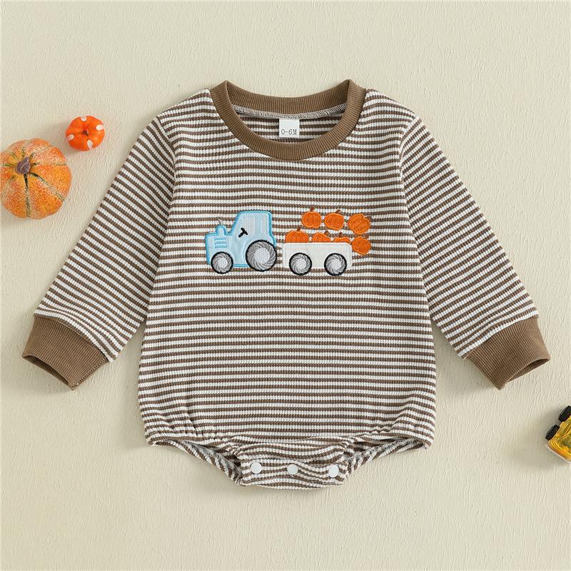 Baby Boy Sweatshirt Romper Casual Trucker Pumpkin Embroidery Striped Long Sleeve Jumpsuit Toddler Infant Clothes 0-3M
