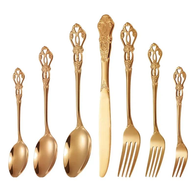 European Style Stainless Steel 4pcs Dinnerware Set - Retro Hollow Design Gold Spoon, Fork and Royal Steak Knife for Home Decor