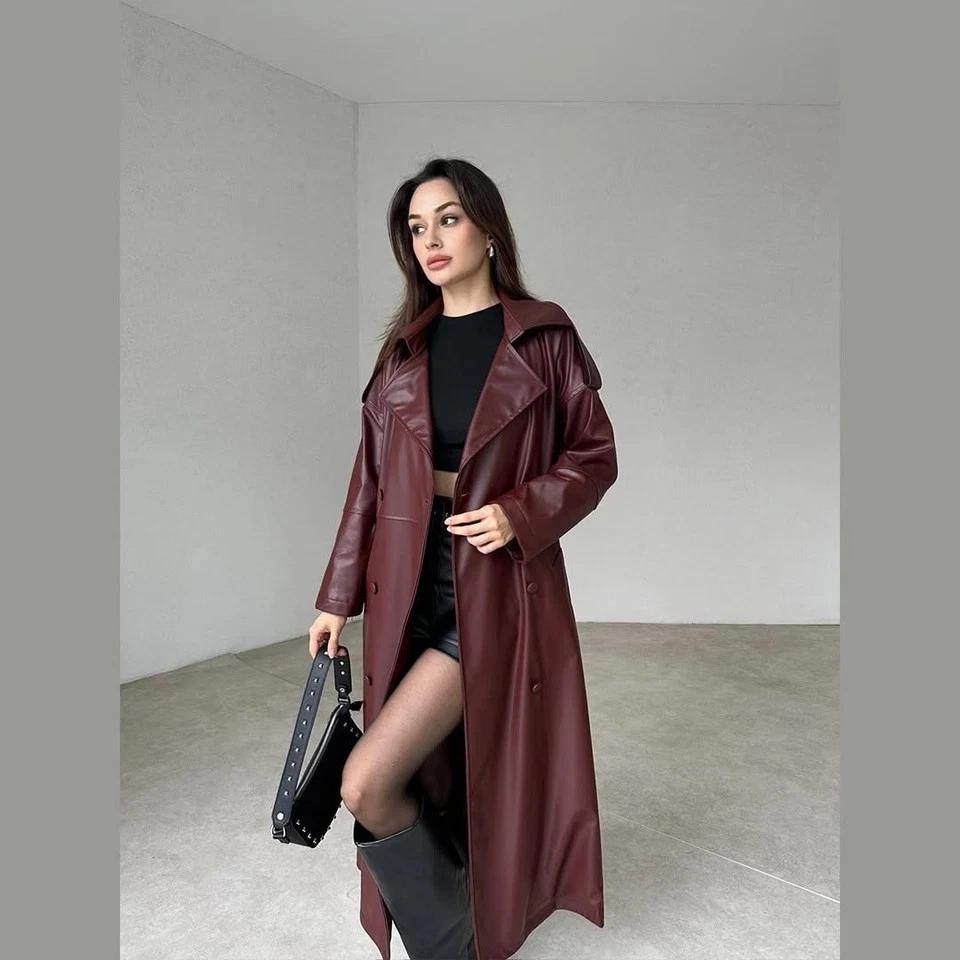 Stilvoller Trenchcoat Echtes Lammleder Damen Party Passform Bordeauxrot Handgefertigt