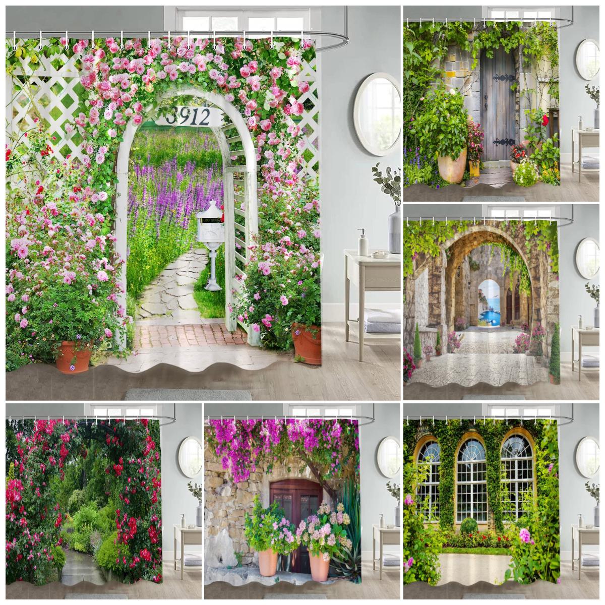 Monika Chen Pink Garden Flowers Scenery Shower Curtains Natural Rustic Floral Plant Modern Wall Hanging Polyester Bathroom Curtain Decor Set