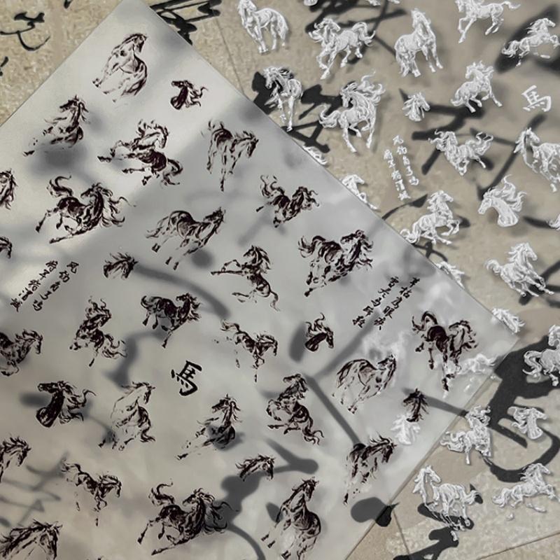 Ink Painting Style Vivid Black White Horse Self Adhesive Nail Art Sticker Diy New Year Decoration Manicure Decal