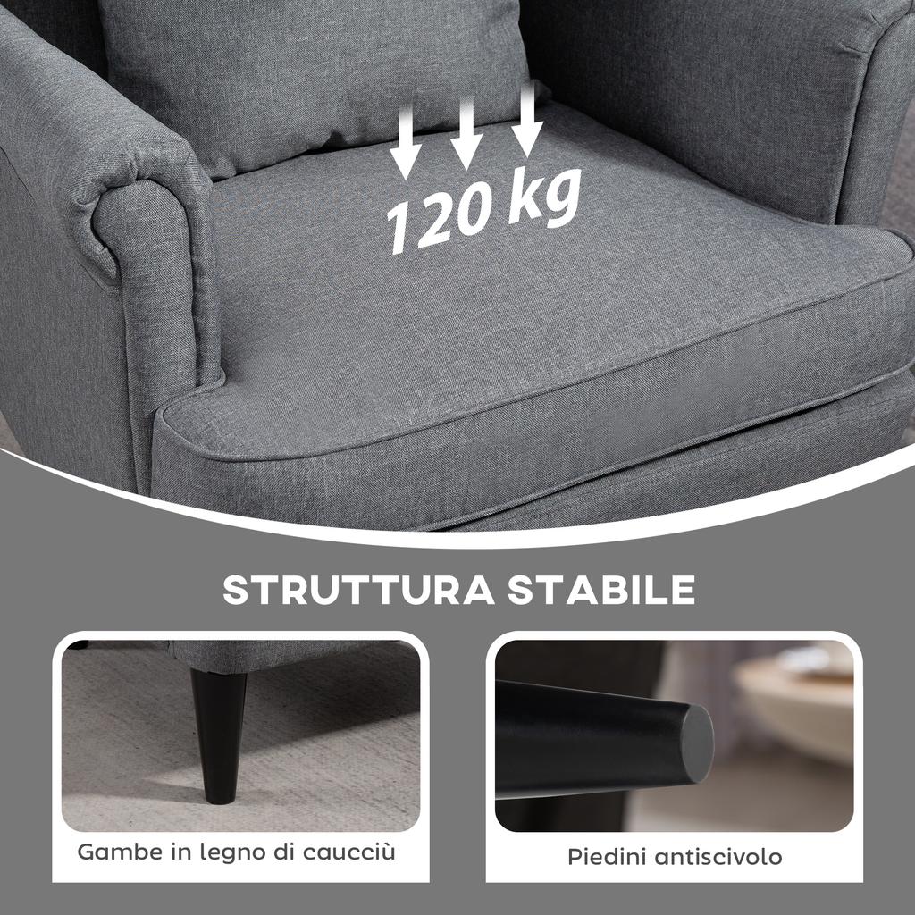 Living Room Armchair in Fabric with Footstool Pouf, High Backrest and Cushion, 75x83x104 cm, Grey