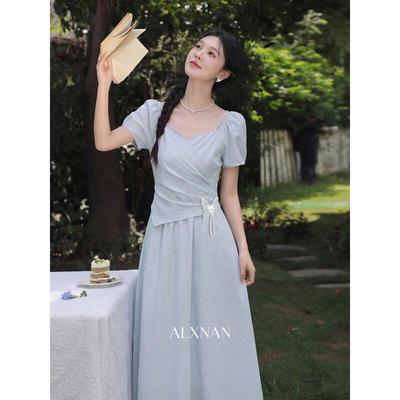 French Style Blue A-Line Summer Maxi Dress