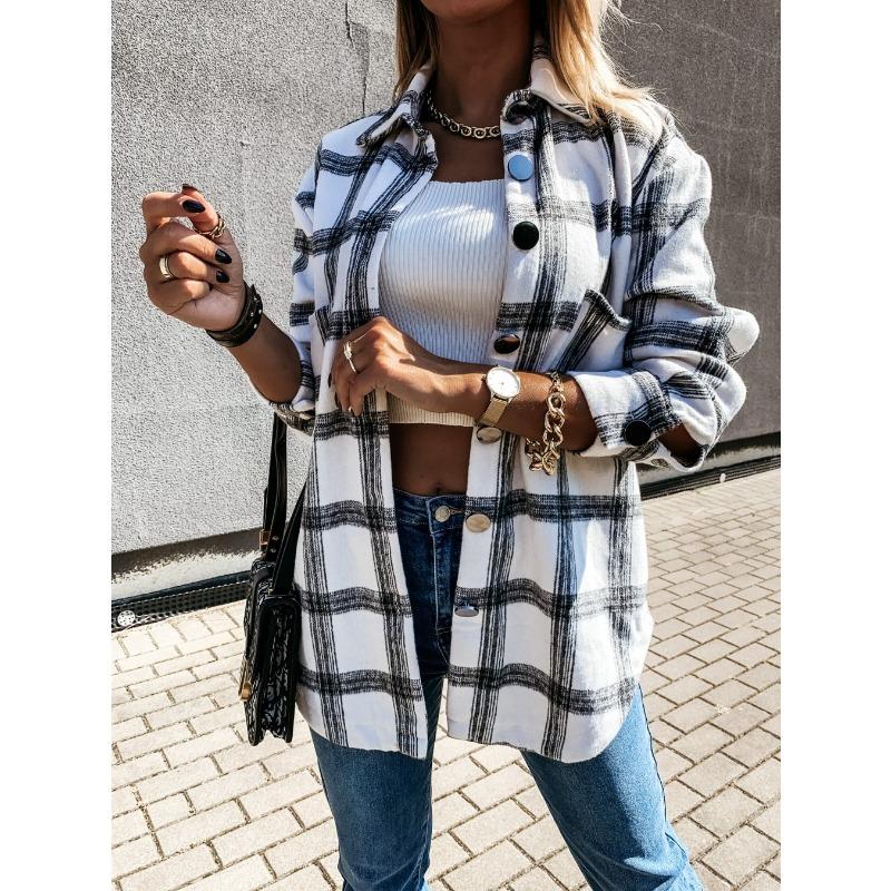 Autumn and Winter Women's Loose Casual Retro Plaid Long Sleeve Shirt Jacket