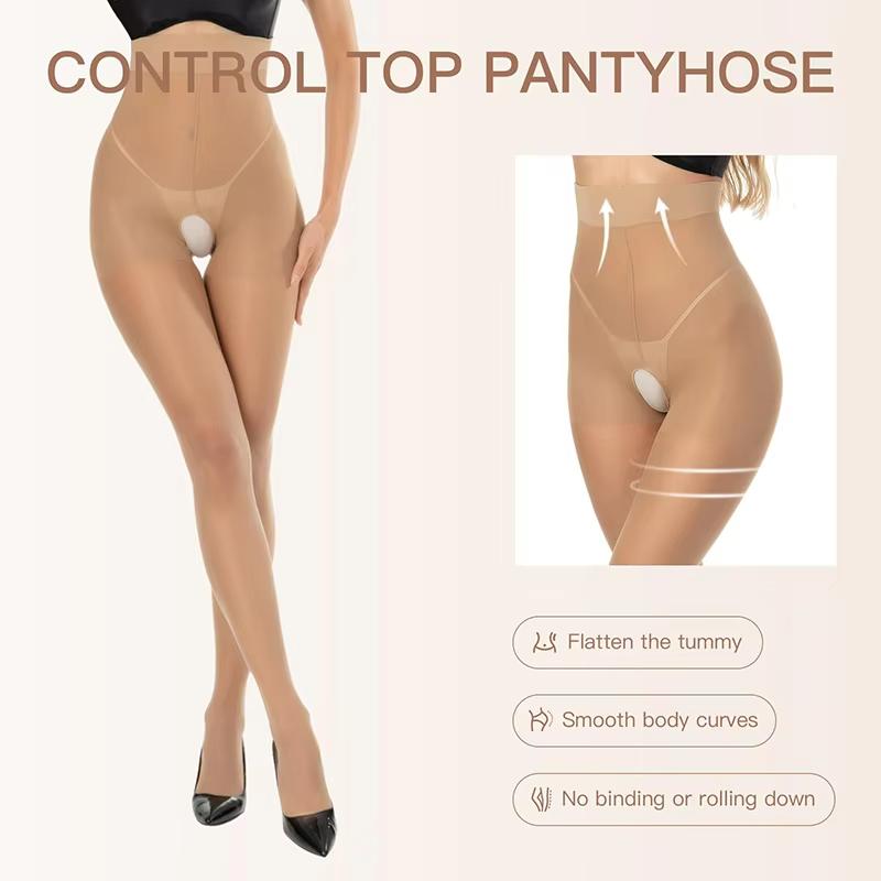 

Kave Sexy Open Crotch Sheer Tights For Women High Waist Reinforced Toes Pantyhose 15D Thin Nylon Party Tights Fit for 40-55KG