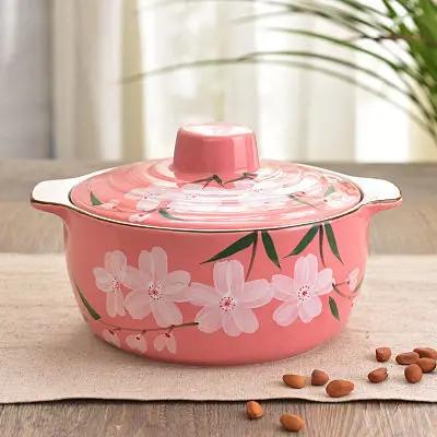 22cm Japanese Style Hand-painted Cherry Blossom Underglaze Color Ceramic Soup Pot Kitchen Household Tableware Kitchenware