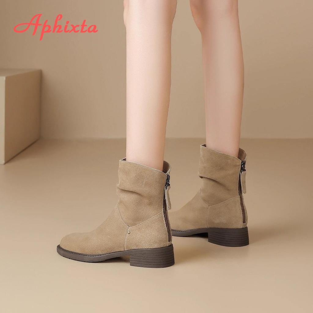 Fashion Aphixta 3.5cm Med Heel Ankle Boots Women Back Zipper Khaki Westen Boot Pointed Toe Women's Ankle Boots Botas Cowboy Mujer