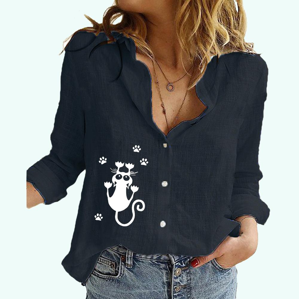 Chemise boutonnée tendance pour femme, haut décontracté en coton et lin, imprimé chat, chemisier fin, printemps, été, automne