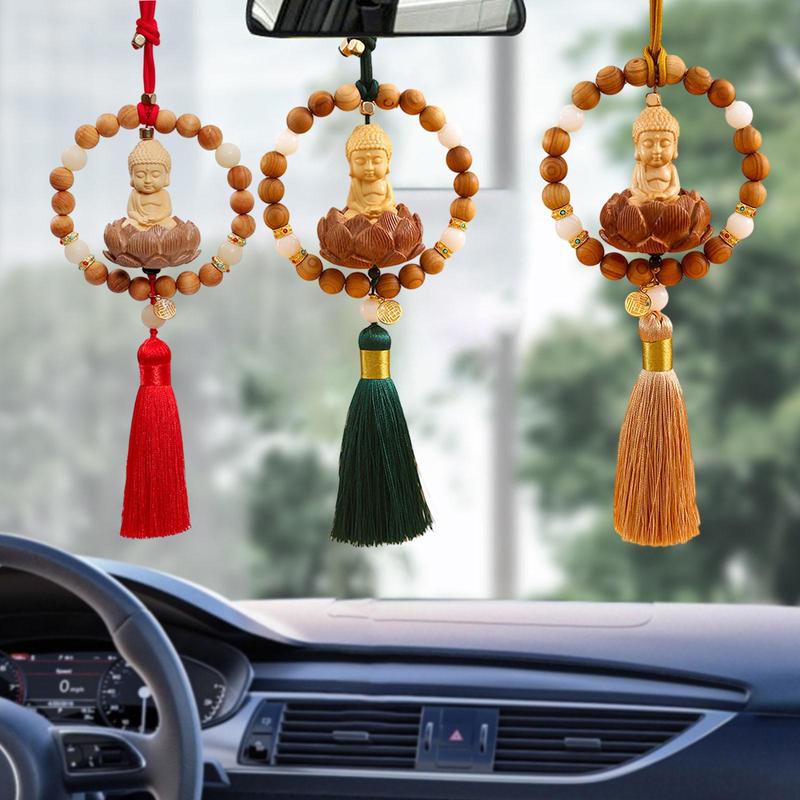 Buddha Statue Car Rearview Mirror Pendant Wood Tassel Car Hanging