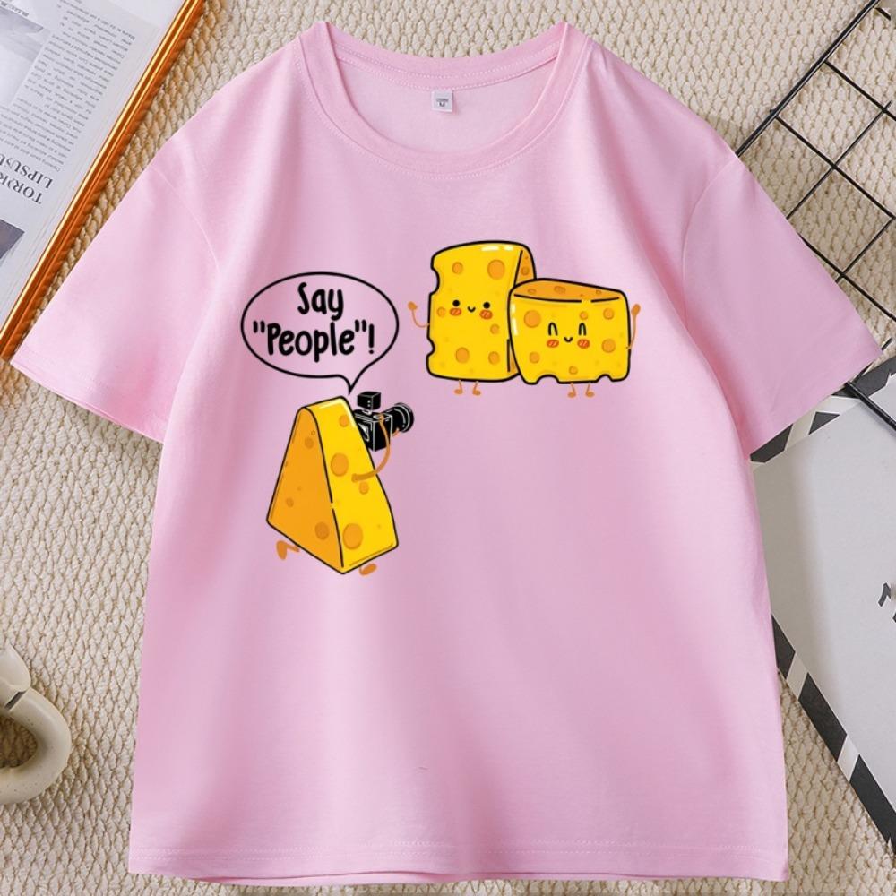 

Fun and Cute Cheese Print T-shirt for Women, Casual Short-sleeved Round Neck, Soft Street Style T-shirt Graphic T Shirts Y2K Top S