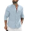 Camisas de playa para hombre, camisas casuales de verano de manga larga, camisas de hombre de corte entallado con una botonadura, cuello alto para hombre, de algodón y lino