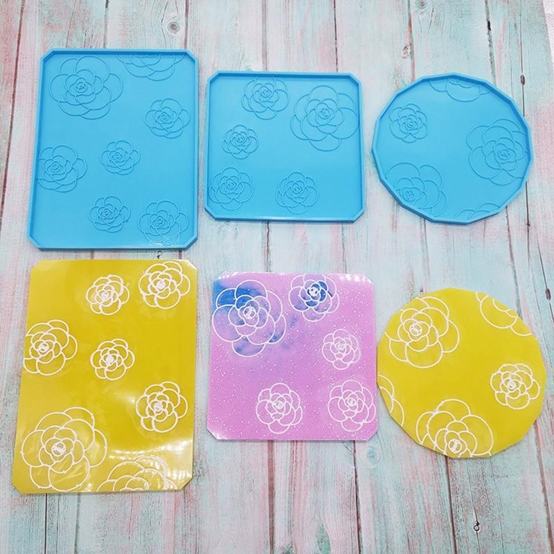 Quadratische Runde Tassenmatte Silikonform Kamelienmuster Untersetzerformen Tassenablage Gussformen für Harzmattenherstellung DIY-Basteln