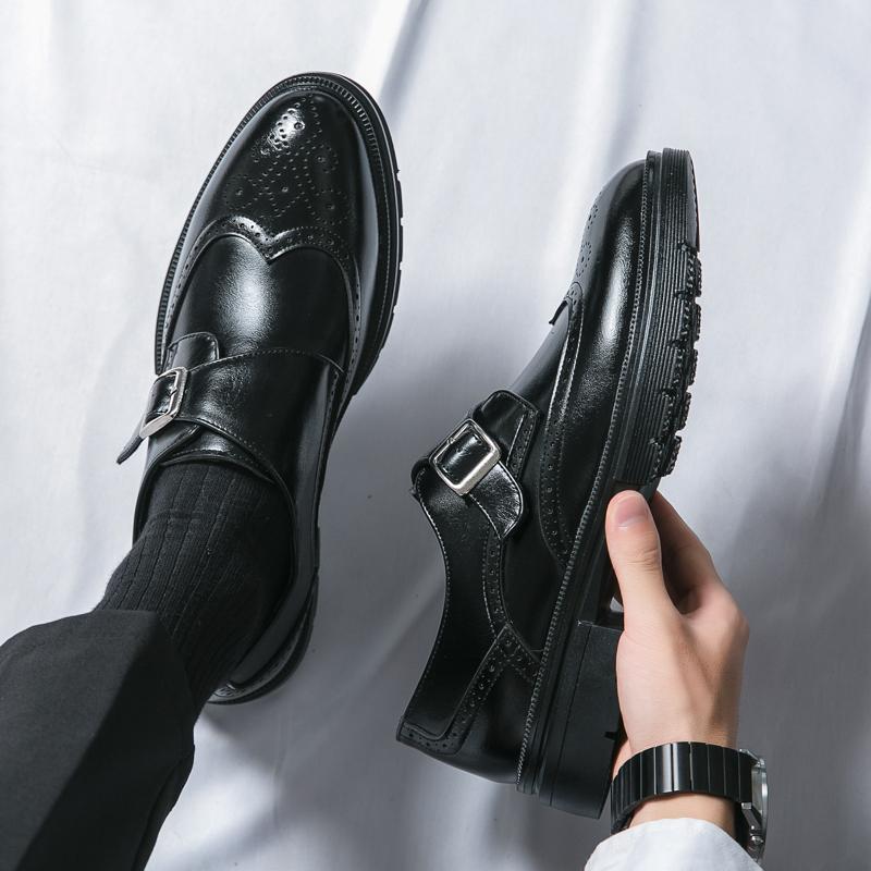 Fashionable Block Leather Shoes Spring/Summer Men Business Dress Buckle Thick Sole Increase Comfortable Round Head Leather Shoes