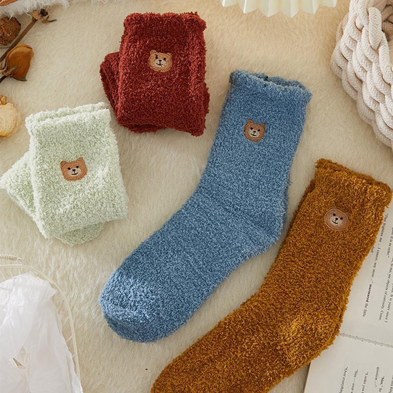 1pair Coral Fleece Sleeping Socks Home Socks Women's Mid-tube Autumn and Winter Embroidery Bear Cute Plus Velvet Thick Warm Long Tube