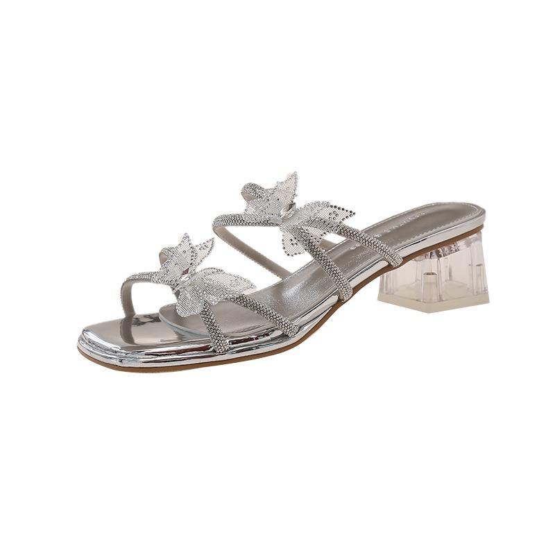 Rhinestone sandals women's summer wear fashion high-end bow crystal medium heel thick heel with skirt cool slippers