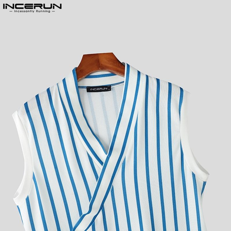 INCERUN Letní pánská tílka s výstřihem do V, bez rukávů, se šněrováním na boku, s pruhovaným potiskem, ležérní