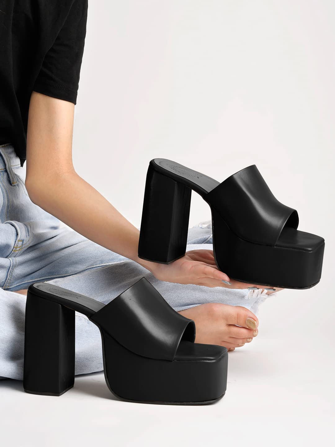 Shoetopia Stylish Solid Black Block Heels For Women & Girls 7 UK