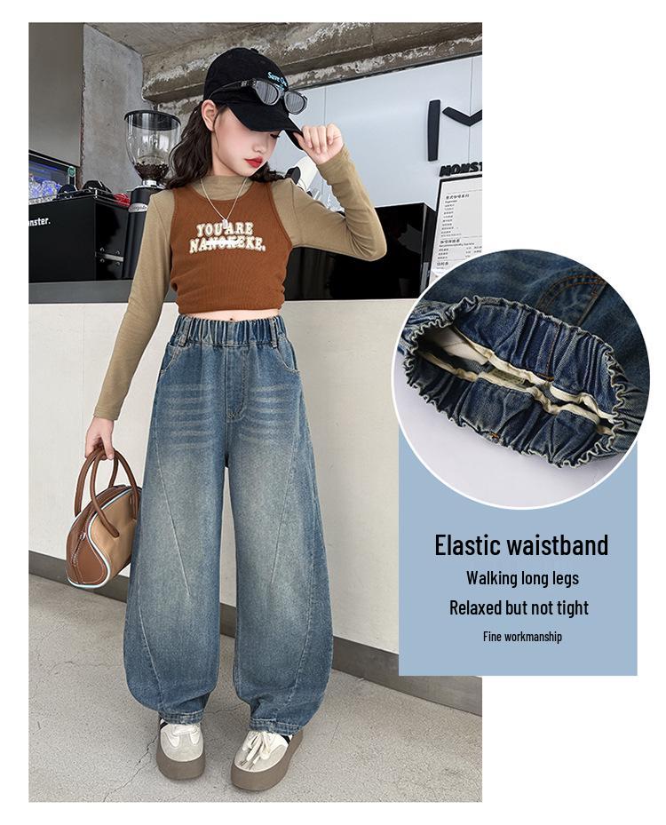 Dżinsy Scimitar z szerokimi nogawkami dla dziewcząt na wiosnę/jesień 2025 - Modny i wszechstronny denim dla dzieci