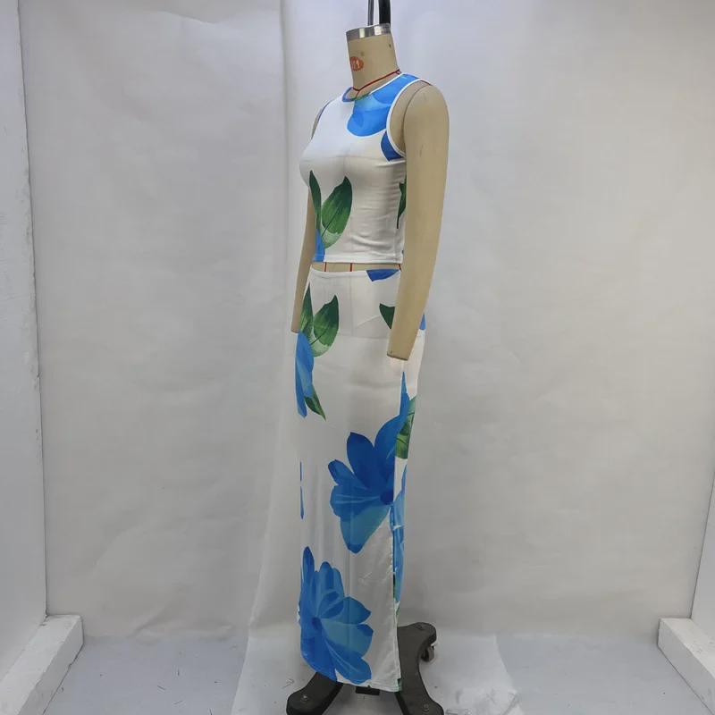 Conjunto de top corto estampado informal y falda ajustada para mujer de verano 2024