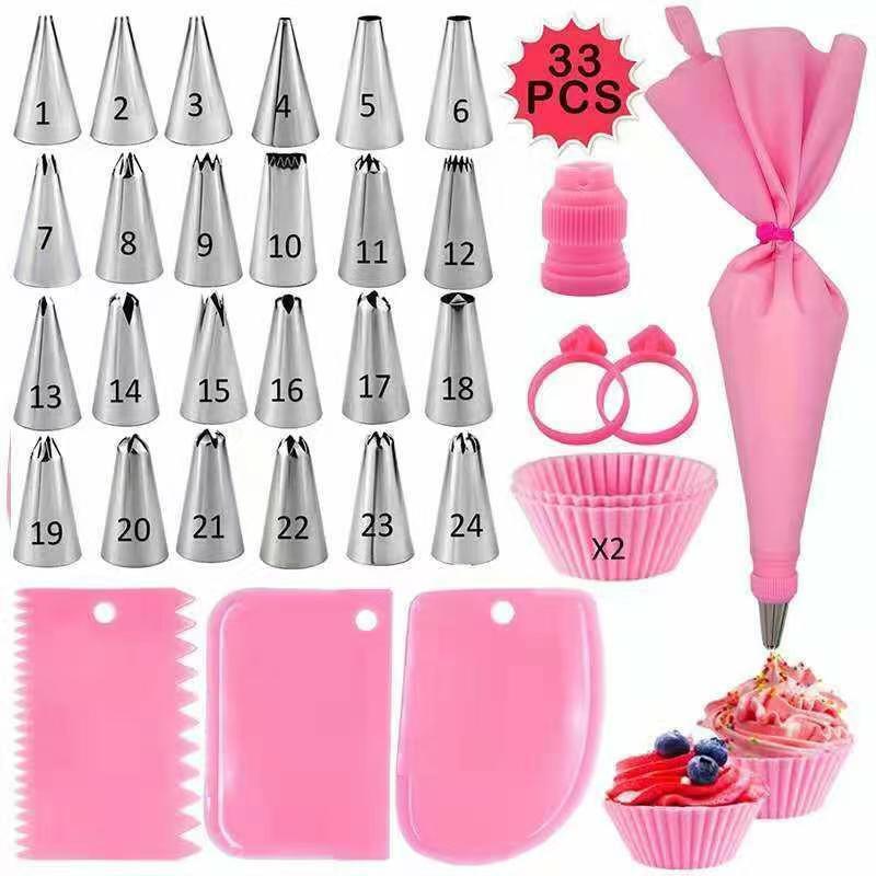 33-Piece Piping Tip Set With Pastry Bag Silicone Cupcake Liners Cake Decorating Baking Supplies