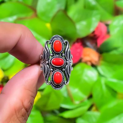 Italian Red Coral Gemstone Handmade 925 Sterling Silver Jewelry Ring Size 6 A8w34