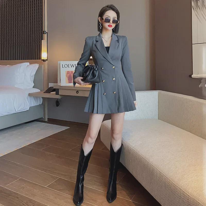 2025 Spring/Autumn Korean Double-breasted Western Thin Style Long-sleeved Dress