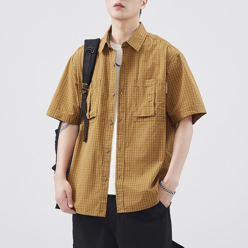 Retro Men's Short-sleeved Shirt Plaid Casual American Work Shirt Jacket
