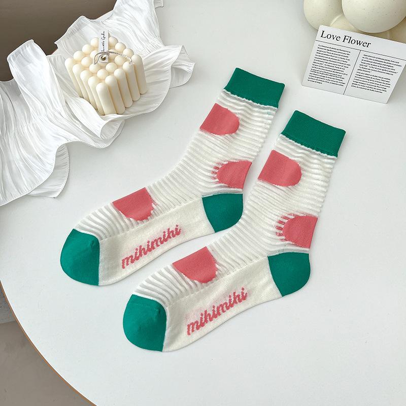 Ultra-thin Transparent Crystal Silk Socks Women Fashion Summer Harajuku Crew Socks Retro Flower Streetwear Elastic Long Socks