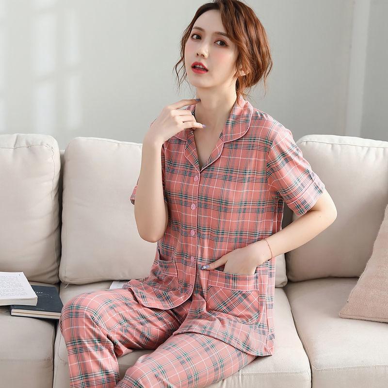 Summer cotton pajamas women's short-sleeved trousers middle-aged women's plus-size cardigan set thin loungewear