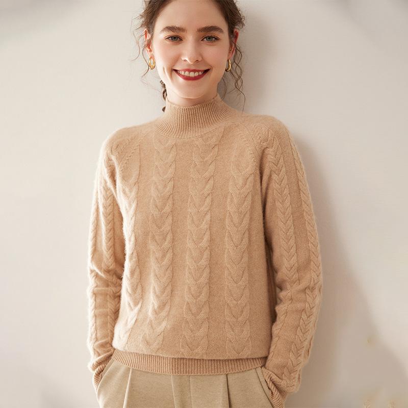 

Женский кашемировый свитер однотонного цвета с узором «косы», полувысоким воротником, свободного кроя XL