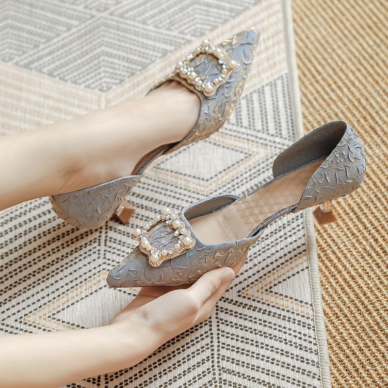 New women's shoes pointed high heels single shoes thin heels fashion bag head hollow sandals women's middle heel