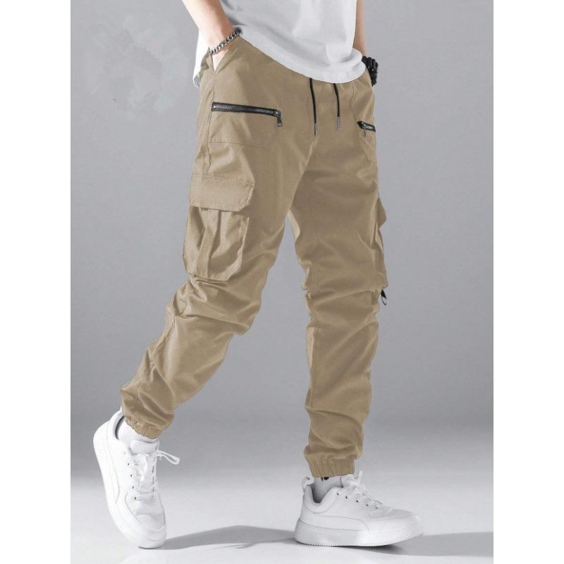 Men Elastic Waist Cargo Pants Multi Zipper Pocket Joggers Casual Streetwear Outdoor Slim Long Trousers