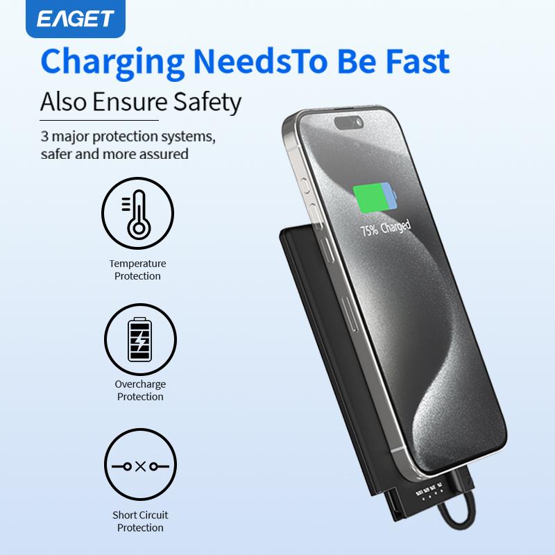 5000mAh Reise-Essential Tragbares Ladegerät mit eingebautem USB-C-Kabel für MacBook, iPhone 16/15 Serie, Samsung, Switch und mehr