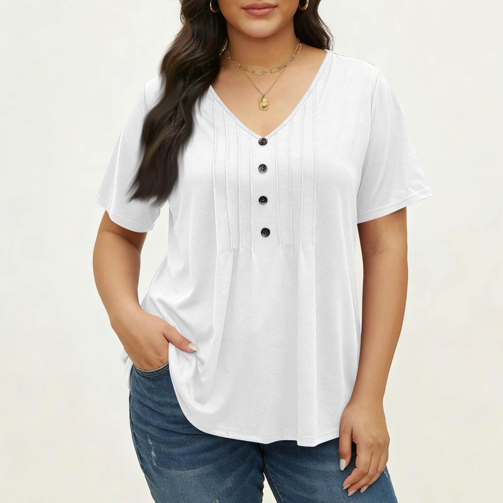 Women's Plus Size Fashionable Casual Loose-Fit V-Neck Button-Down Short-Sleeve Top