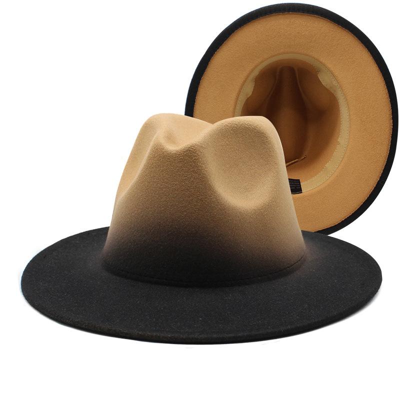 

New Winter Wool Felt Fedora Hat Wide Brim Gradient Color Unisex Two Tone British Style Formal Casual Warm Hat M 56-58cm