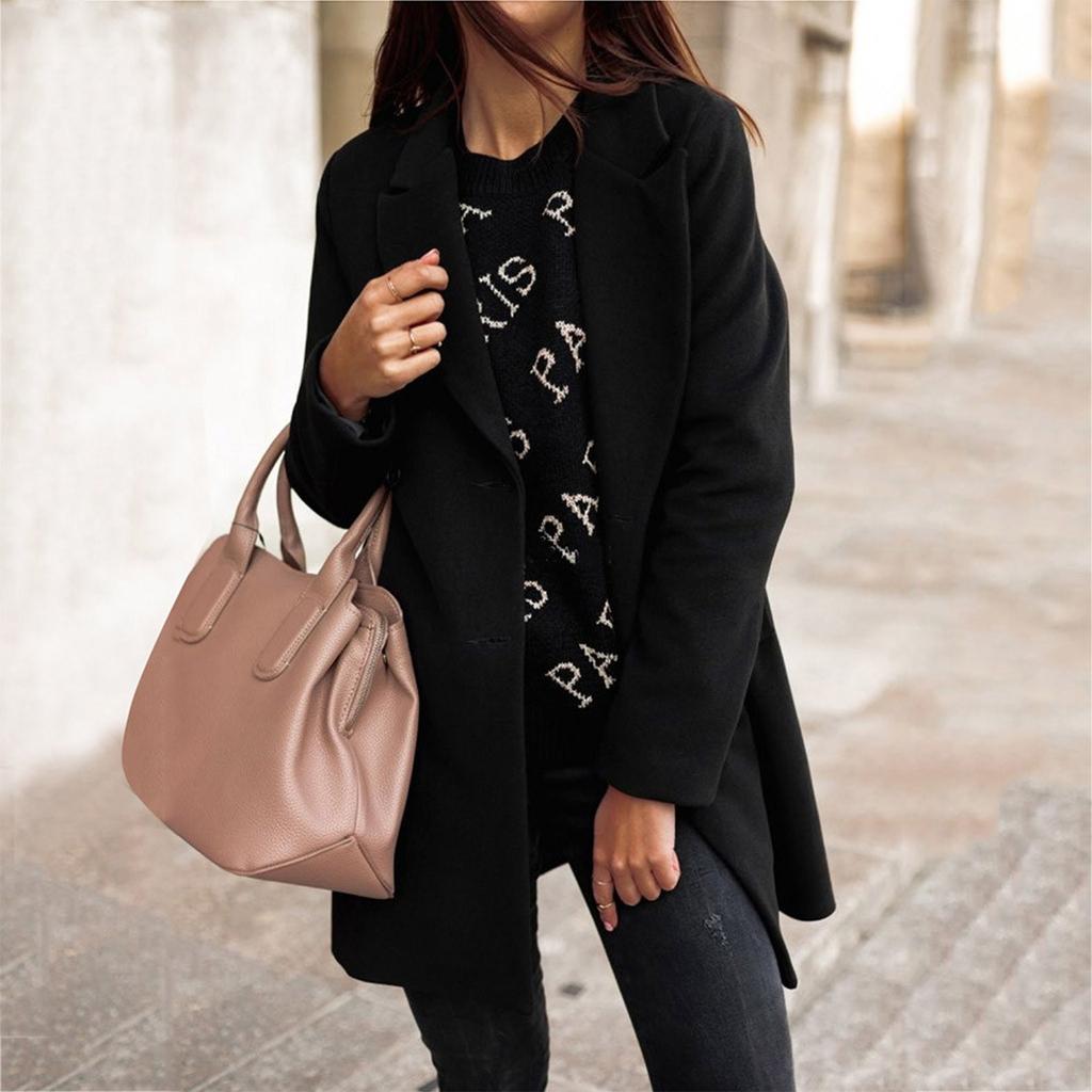 Fashion Women's Long Sleeve Double Breasted Tweed Collar Loose Tops
