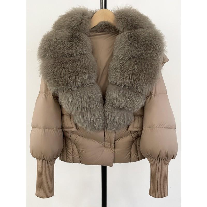 Womens Short Puffer Coat With Real Fox Fur Collar Winter Warm Down Jacket Loose Fit Small Stature