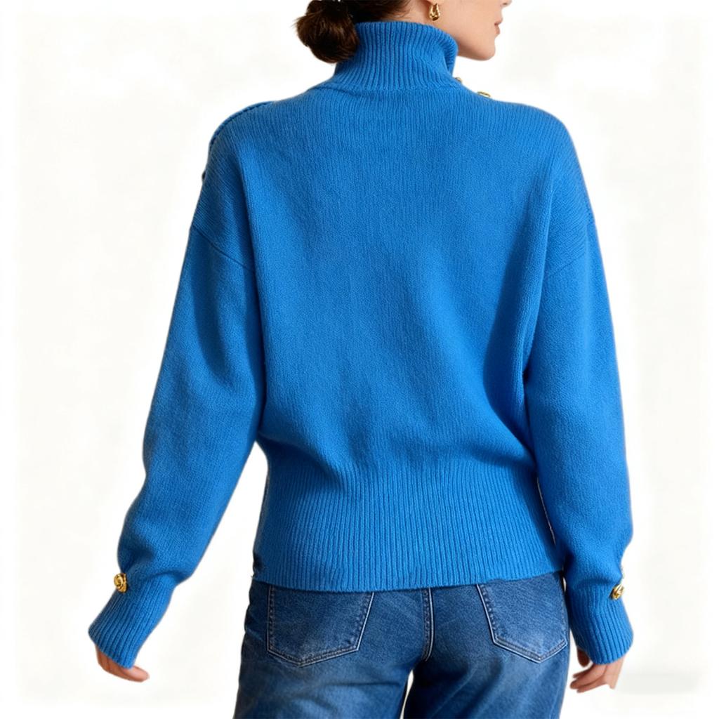 Women's Loose Comfortable Casual Fashion Knit Sweater With Buttons And High Neck