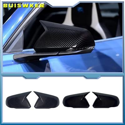 1 Paar Glänzend Schwarz Carbonfaser-Farbe Horn-Stil Rückspiegel Seitenkappen für Ford Mustang 2015 2016 2017 2018 2019 2020