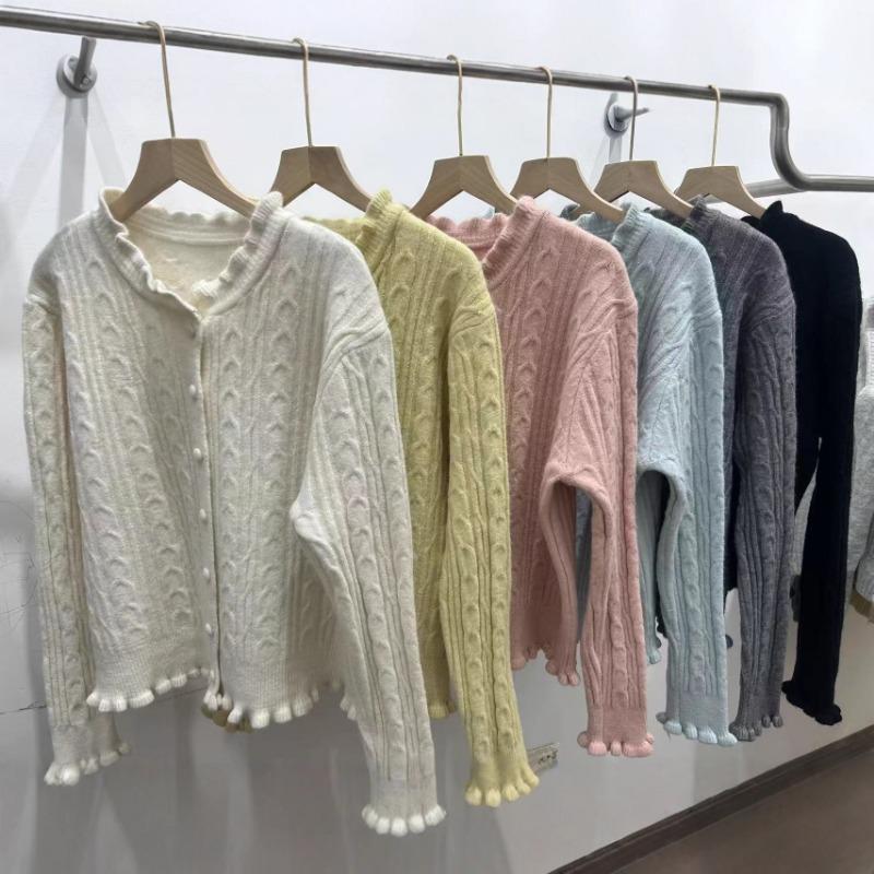 Lace round neck twist twisted knitted cardigan autumn and winter new sweet age-reducing design sweater jacket women