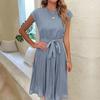 GMXIA Summer Temperament Women's Round Neck Waist Solid Color Pleated Dress Women