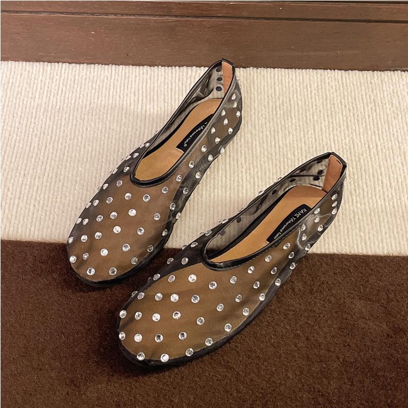 

Fashion Nude Color Lace Ballet Flat Woman Luxury Rhinestone Studs Ballerina Shoes Ladies Brand Design Bling Crystal Gauze Shallow Loafer 35