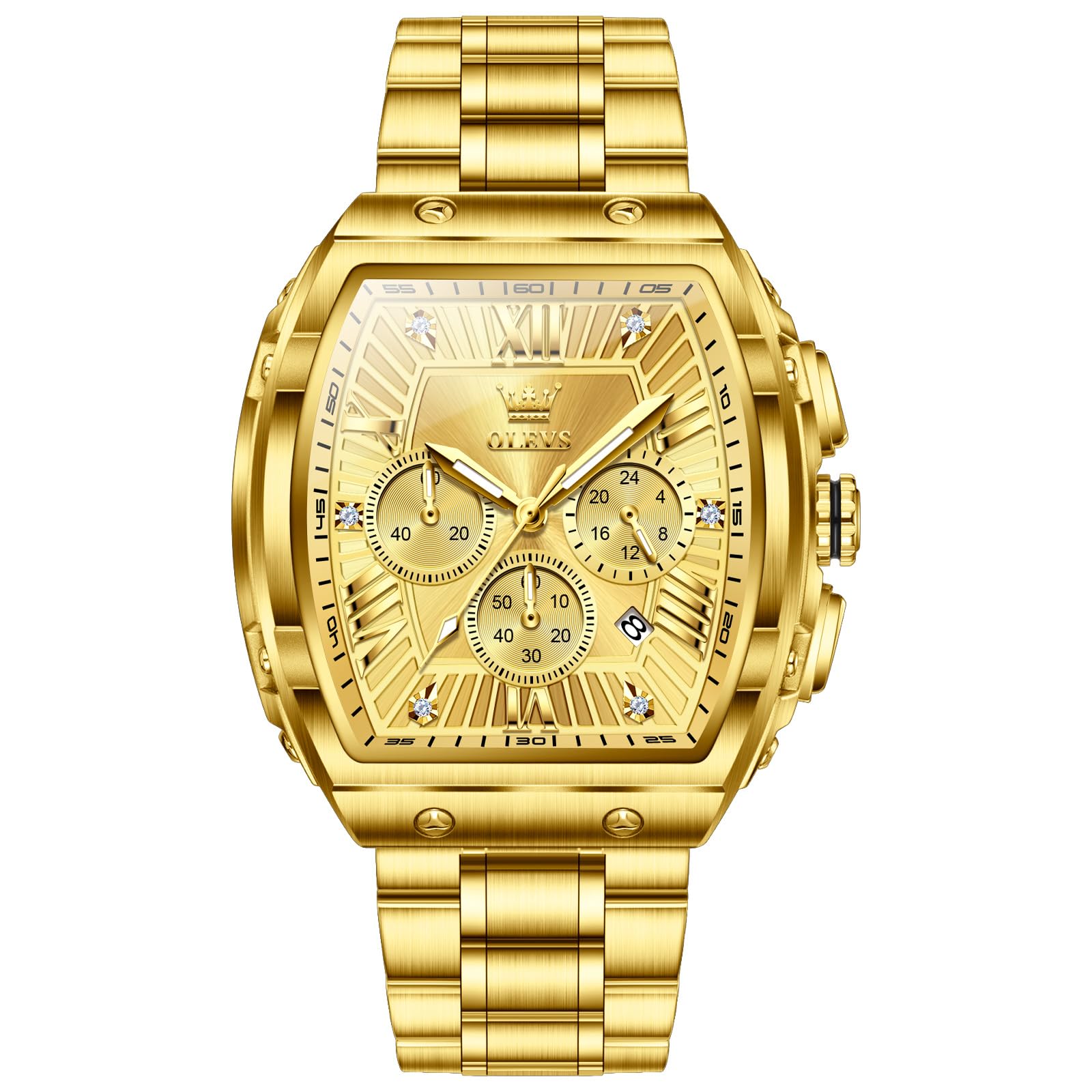 OLEVS Men s Gold Stainless Steel Waterproof Quartz Chronograph Watch with Luminous Dial and Date Stylish Business and Sports Gift