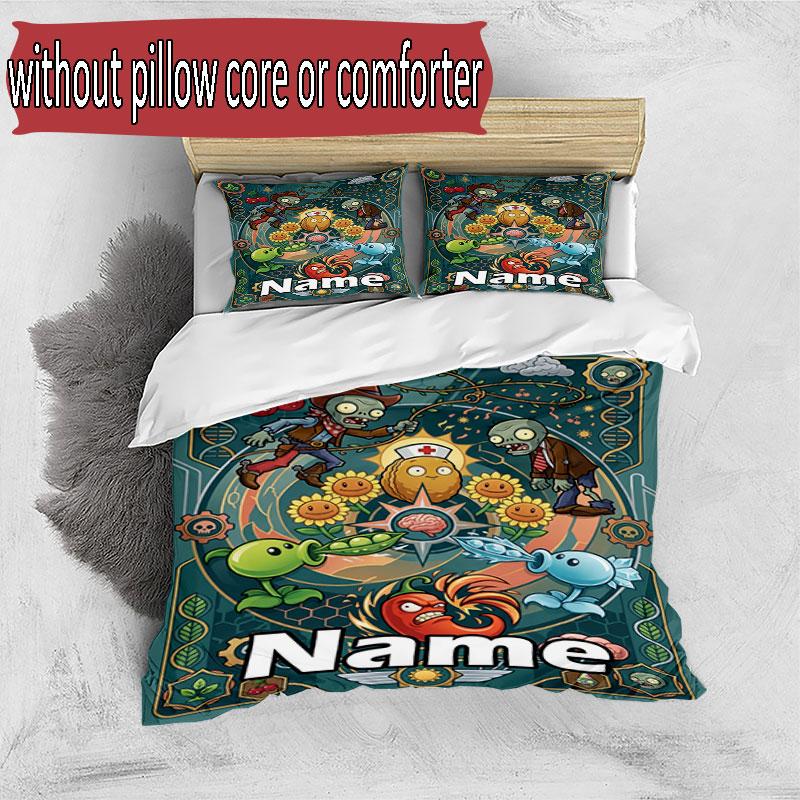 3-teiliges Bettbezug-Set (1 * Bettbezug + 2 * Kissenbezug, ohne Kern), Benutzerdefiniertes Namens-Pflanzen gegen Zombies Muster Bettwäsche-Set, Heim-Schlafzimmer-Dekoration Geschenk