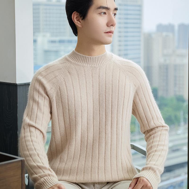 Men's Slim Fit Autumn Cable Knit Pullover Sweater - Korean Style Semi-High Neck Cashmere Shirt