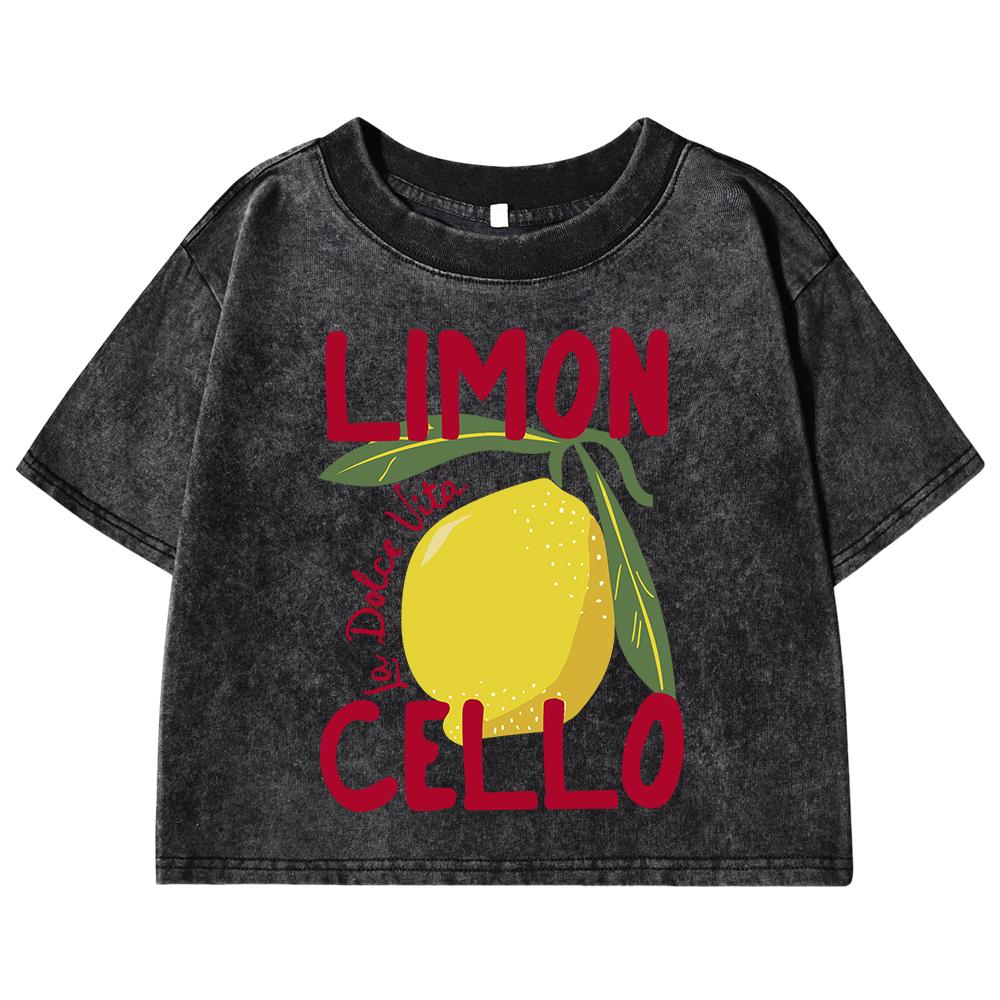 

Creative Lemon Fruit Cello Printed Women Washed Crop T-Shirt Cotton Casual Tee Top Street Short Sleeve Y2K Slim T Shirts M